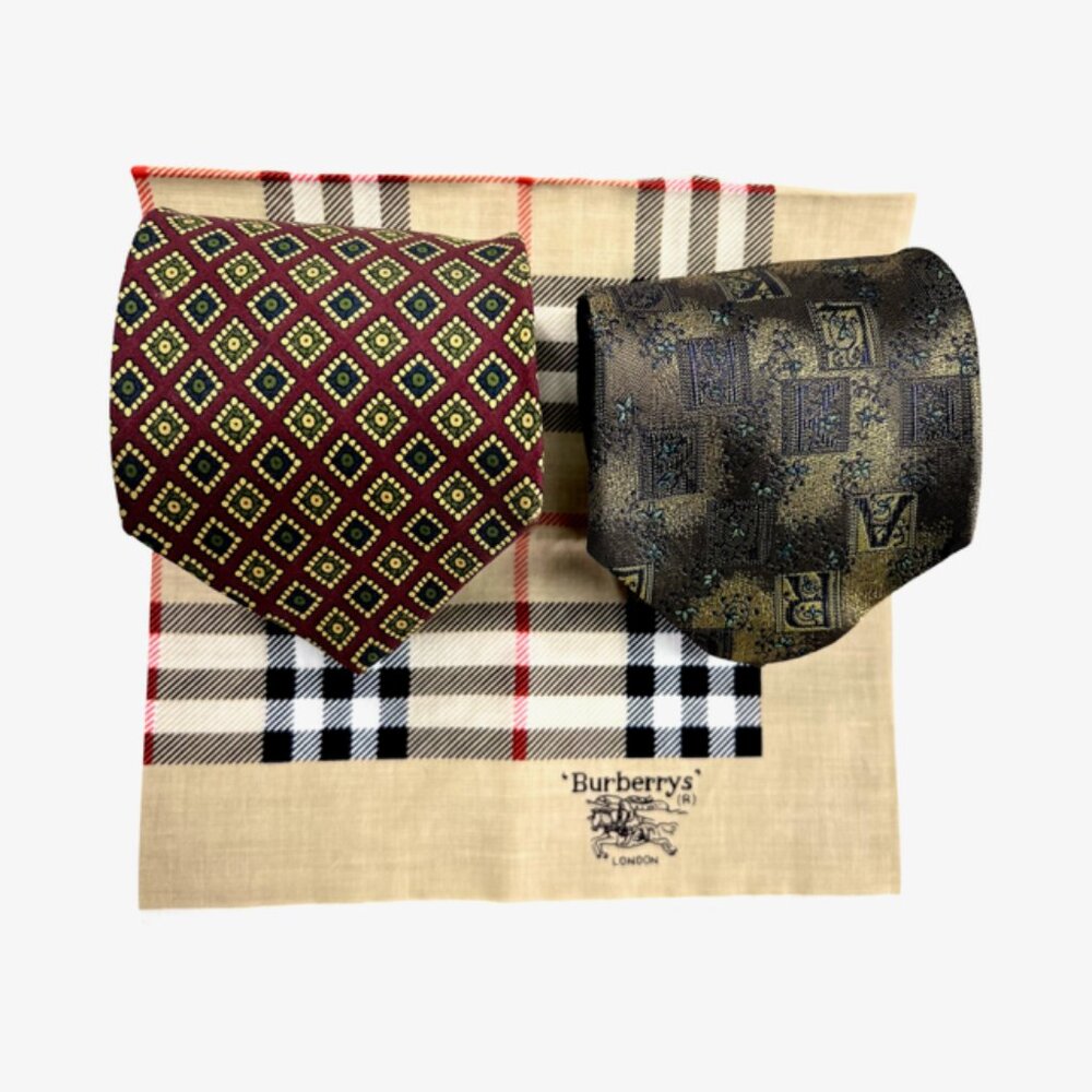 Set: 2 Neckties Burberry Paisley  & Karl  Linger Paris+1Burberry Handkerchief(53